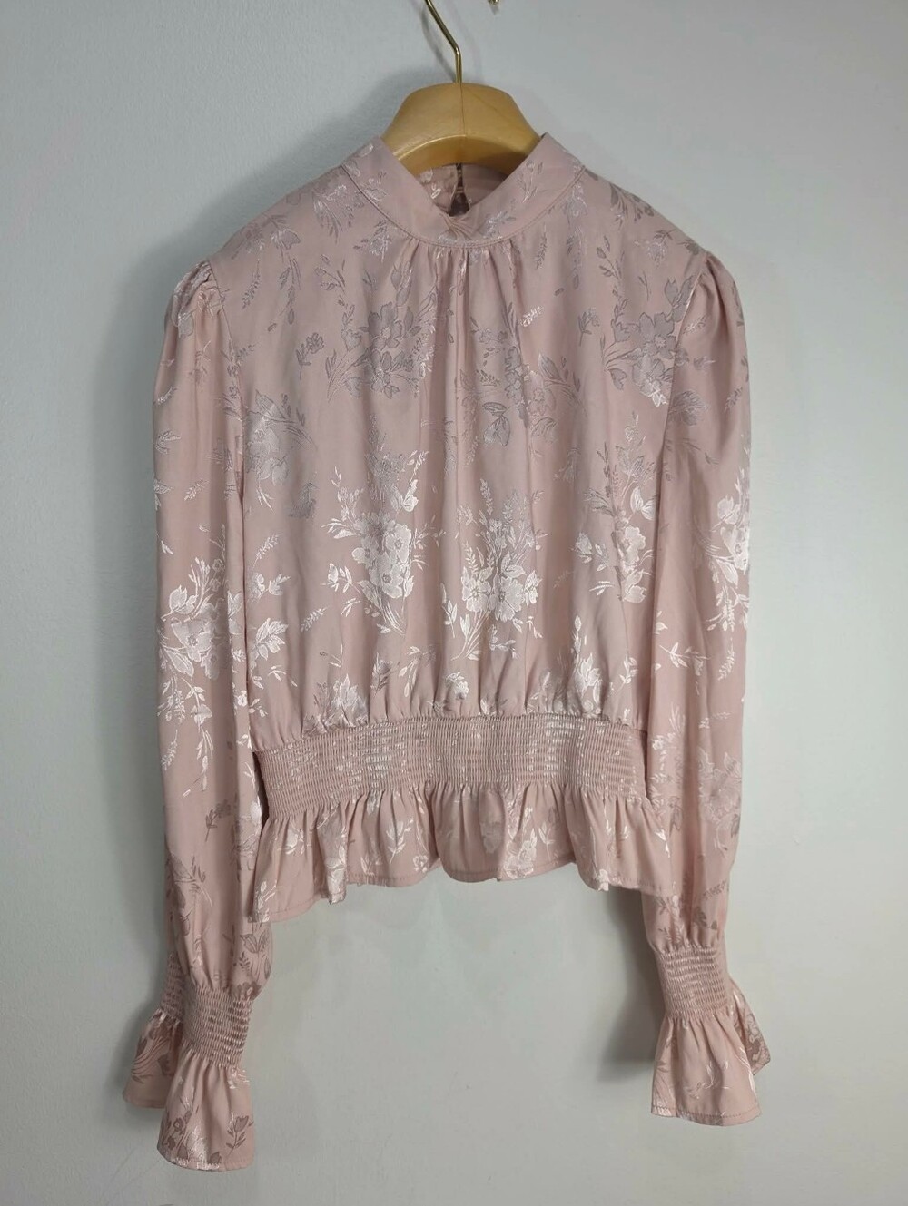 Forever 21 Blush Pink Metallic Floral High-Neck Smocked Peplum Top - Picture 2 of 8